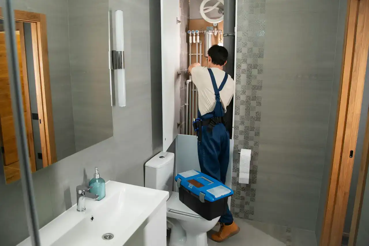 Plumber working on bathroom plumbing next to a toilet